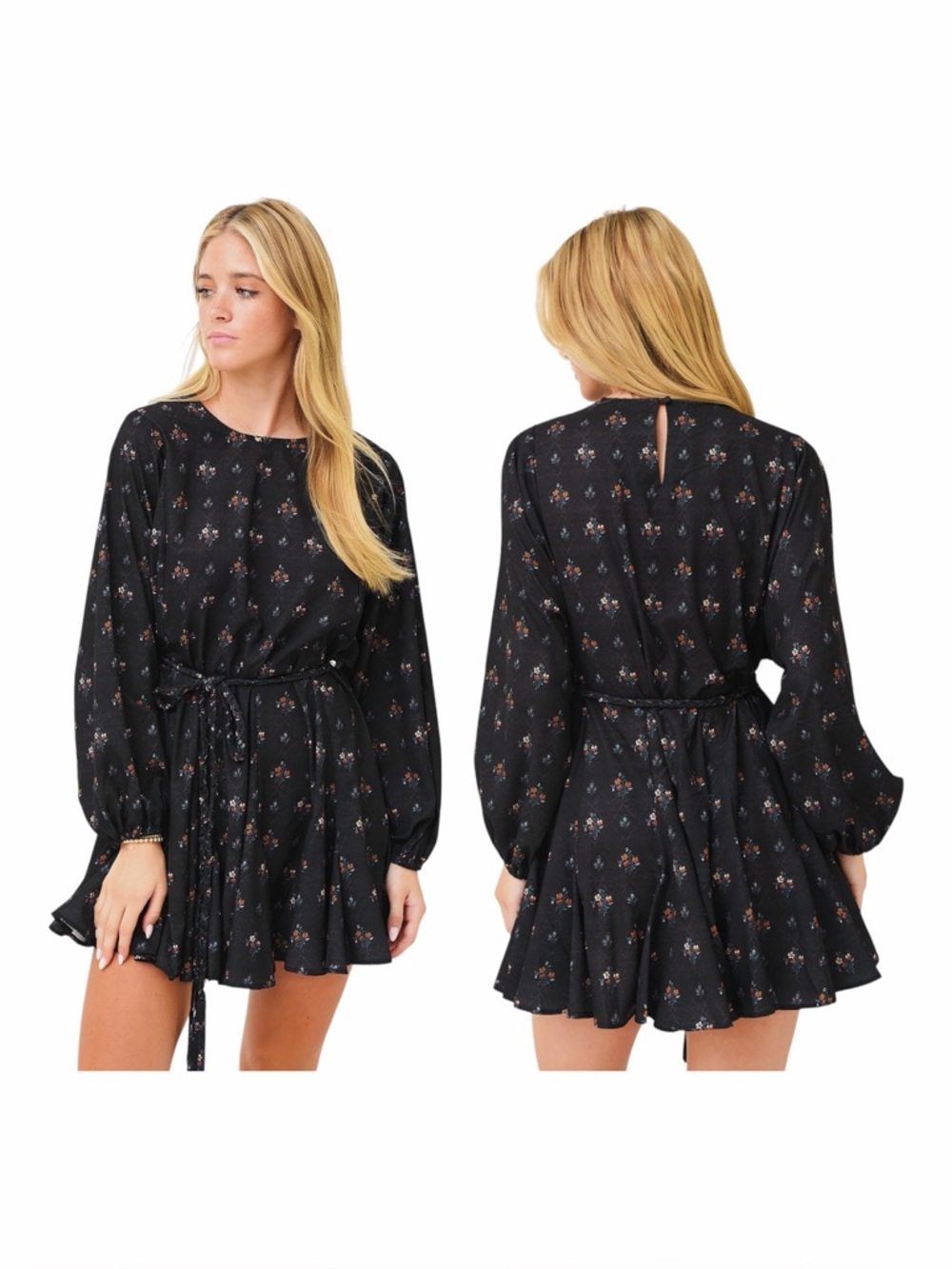 RHODE Braided Belt Dark Floral Ella Long Sleeve Mini Dress. Size Small.